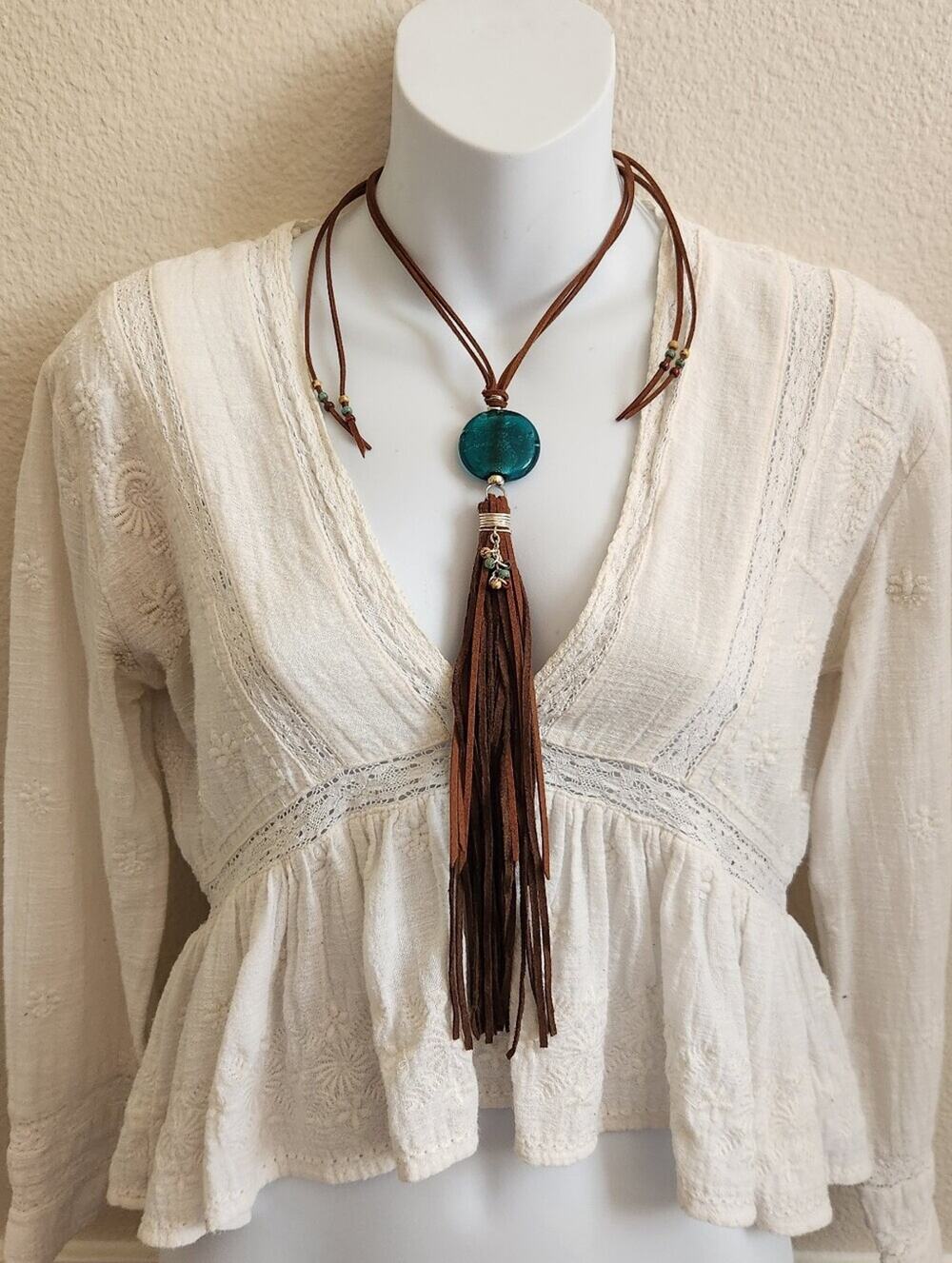 Boho Suede Tassel Necklace with Teal Glass Bead Pendant